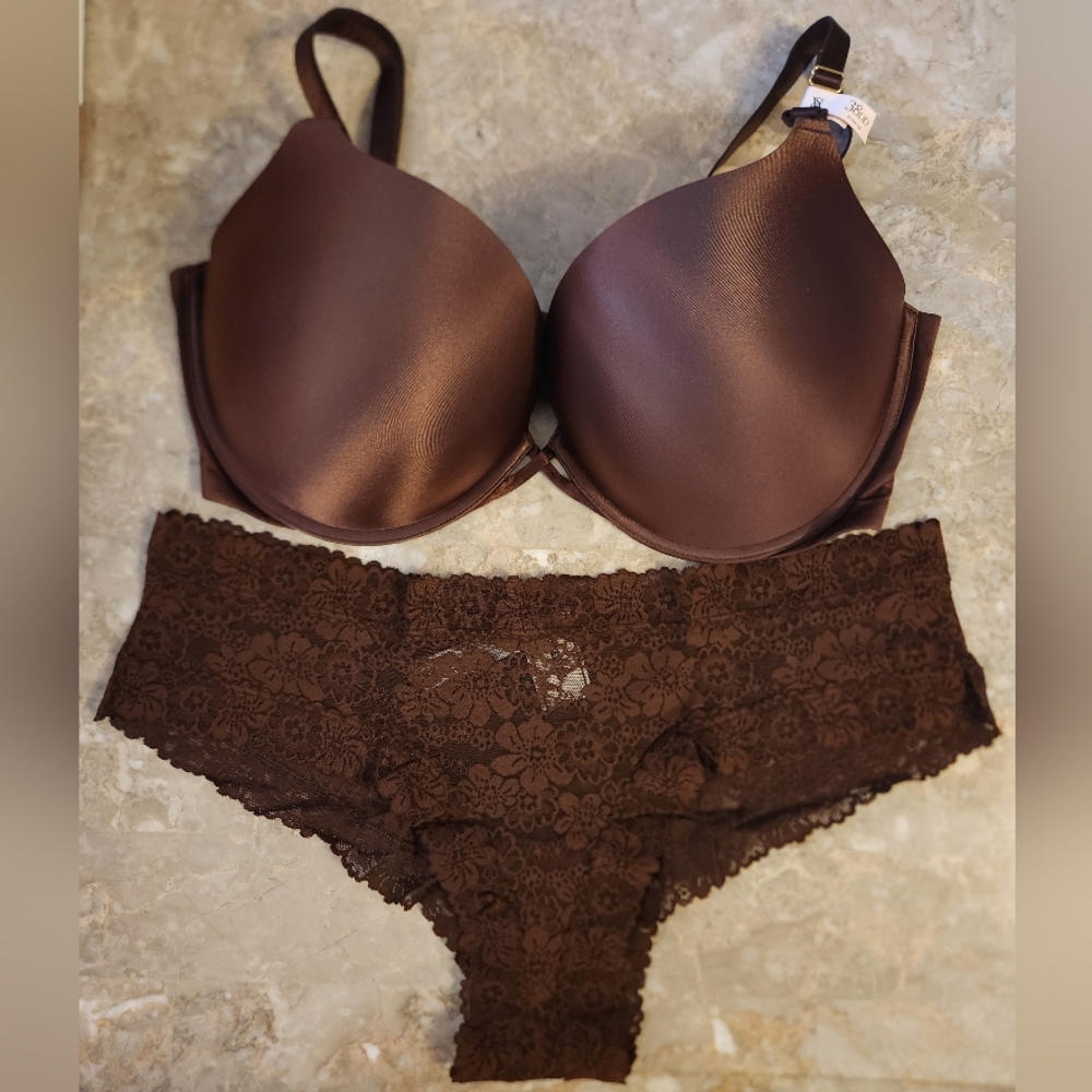 38DD/XXL Victoria's Secret Bombshell Bra PINK Wink Lace Cheeky Panty Set Ganache
